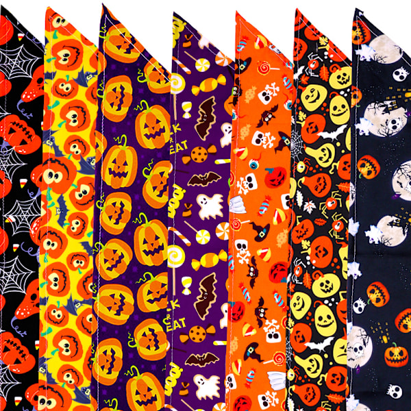 7 st Halloween hundhalsduk, husdjurshalsduk, hundbandana, tvättbar triangel hundhalsduk, pumpa och spökmönster