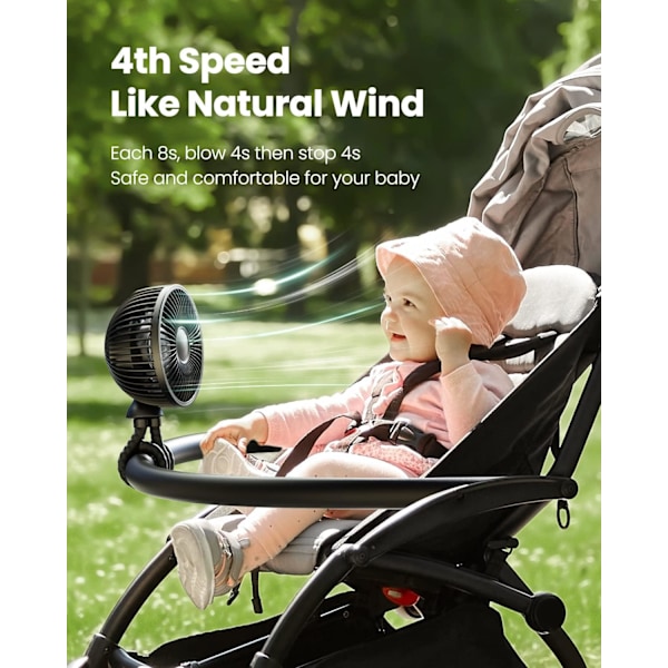 (Sort) Baby Stroller Fan, Octopus Fan, 4000mAh Vibrerende Mini Bærbar Fan med