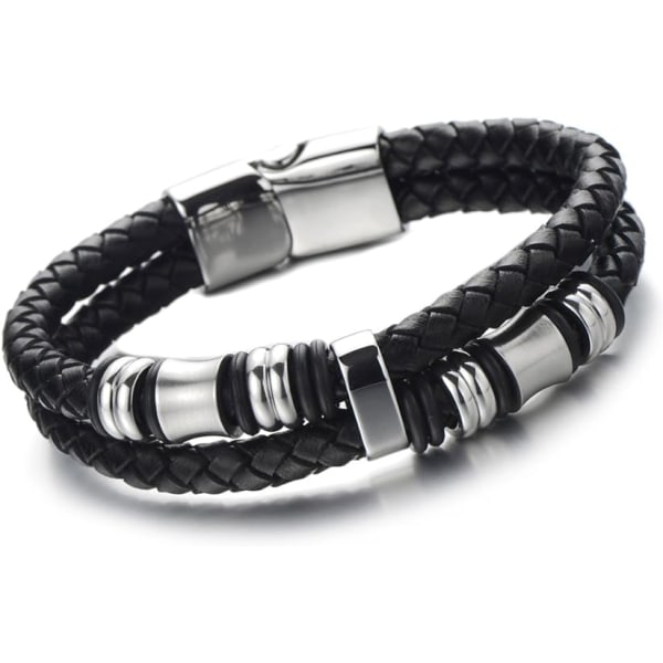 Mænds Dobbelt-Række Sort Flettet Læder Armbånd Bangle Håndledsrem w U