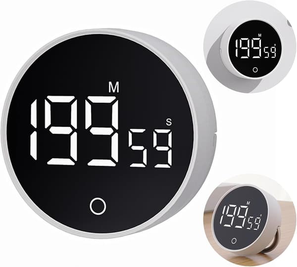 Digitalt køkkenur (hvid) - Visuel timer med stort LED-display, magnetisk stativ, nedtælling