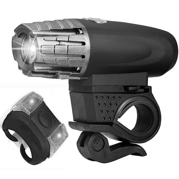 Et sæt sorte (forlygte + baglygte) cykellys med 360 graders rotation, udstyret med USB-opladning advarselslys