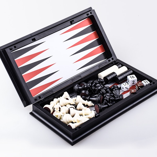 25,5x13cm, 3 i 1 magnetiskt schackspel, damspel och backgammonbräde med hopfällbar spelplan