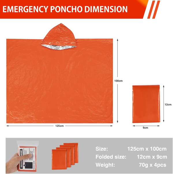 4-delad utomhus nödsituation regnponcho räddningsregnponcho (orange, 130x100 cm)