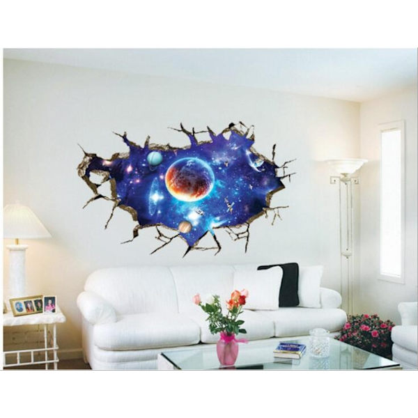 3D Broken Wall Space Planet 3D Veggdekor Klistremerke Soverom Stue Takdekorasjon Dekal