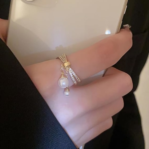 Hängande pärla kors öppet statement ring för kvinnor flickor 14K guldpläterad kubisk zirkonia justerbar lay