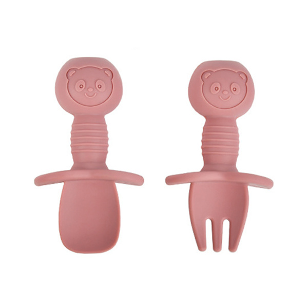 Baby Silikon Gaffel och Sked Set, Björnmönster, Lätt Grepp för Småbarn, 6+ Månader Brick Red