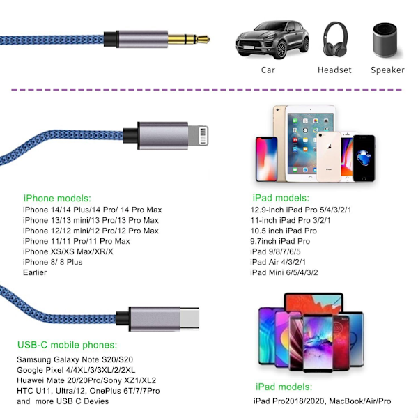 Flettet nylon USB C & Lightning til 3,5 mm jackstik lydadapter Aux-kabel