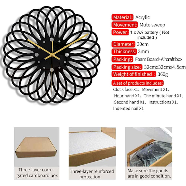 （blommönster）Svart rund väggklocka DIY tyst modern design väggklockor lämplig för sovrum vardagsrum kontor konstdekoration