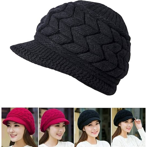Wear 2-pak A-sort sort og vinrød vinter varm strikket hue Slouchy Beanie Cap med skygge