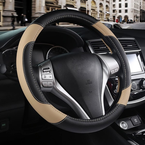 Leather Car Steering Wheel Cover-Beige, Non-Slip Car Wheel Cover