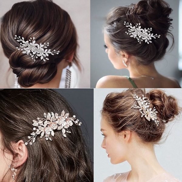 (Silver) Bröllopshårklämma Rhinestone Brud Hårtillbehör Blomhårklämma för Brud Brudtärna