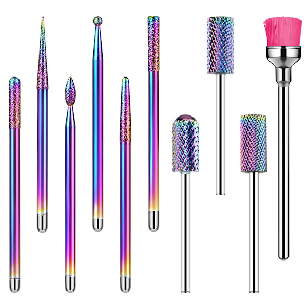 10 st Tungsten Stål Nagelbits Set (Färgglatt), Professionell Gel Akryl Nagelbandsborttagare, Diamant Tungs