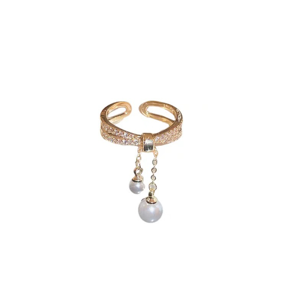 Hängande pärla kors öppet statement ring för kvinnor flickor 14K guldpläterad kubisk zirkonia justerbar lay