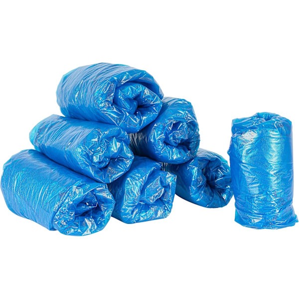 Pakkaus, jossa 100 vedenpitävää kertakäyttöistä premium-polyeteenistä valmistettua kenkäsuojusta - Sininen 37x15cm.