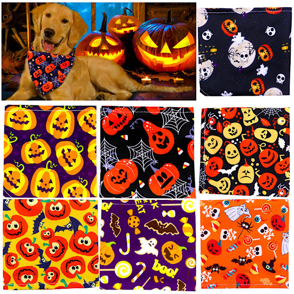 7 st Halloween hundhalsduk, husdjurshalsduk, hundbandana, tvättbar triangel hundhalsduk, pumpa och spökmönster