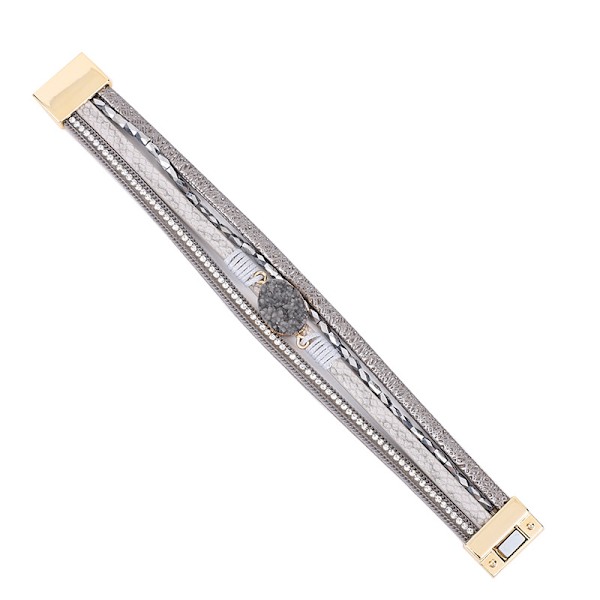 Læder Wrap Armbånd Boho Manschet Armbånd Krystal Perle Armbånd med Magnetisk Spænde til Kvinder (Grå) Q