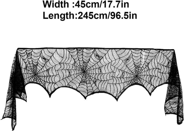 2 st 245 * 45CM Halloween-dekorationer, svart spets Halloween-eldstadssjal, spindelnäts eldstad