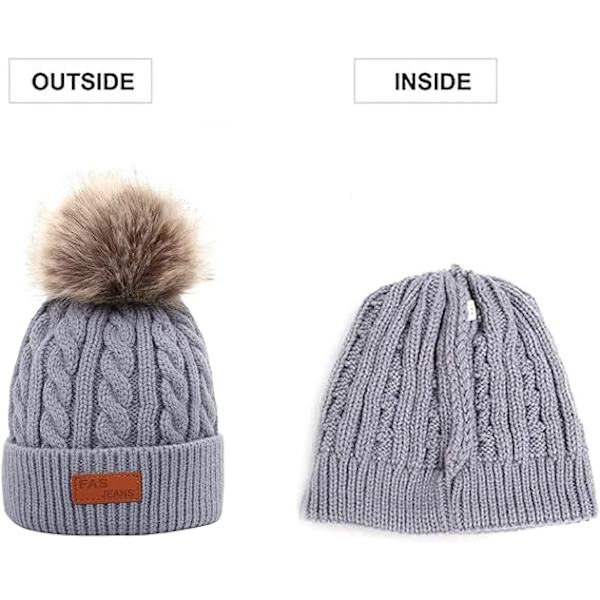 Grå vintermössa för barn med pompom för att hålla pojkar och flickor varma
