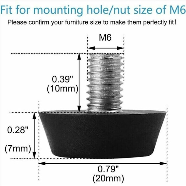 16 stk Justerbare Møbelføtter Nivelleringsunderlag Basebein Bordbein Stol Justerbar Gulvbeskyttelse M6 x 10 x 20mm