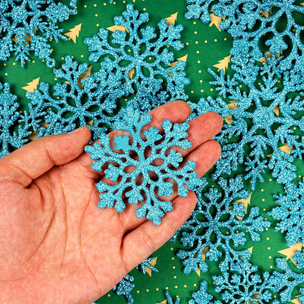 36 stycken snöflingor i plast med glitter, ljusblå, juldekorationer för inomhus, vinterland