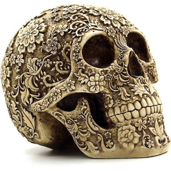 Kreativ kranieblomsterskulptur 8,1'' menneskehovedskeletstatue samleobjekt Halloween-dekoration H