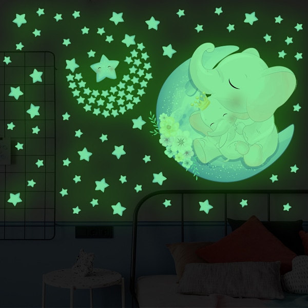 Elefant Måne Stjärna Luminous Väggdekal Cartoon Djur Barnrum Sovrum Dekorativ Väggdekal