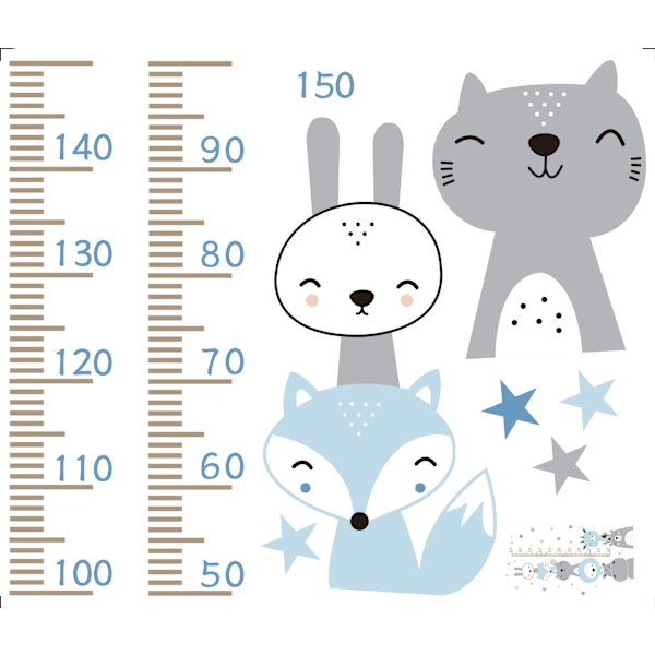 Väggdekal med höjdmätare för barn (blå), Höjdmätare för barn, Skogsdjur Mus Uggla Ekorre Trä Höjd