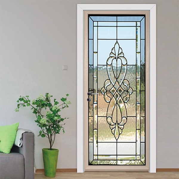 Modern Art Stained Glass 3D Door Sticker(44x200cmx2Pcs), Peel and Stick Removable Vinyl Door Decal f