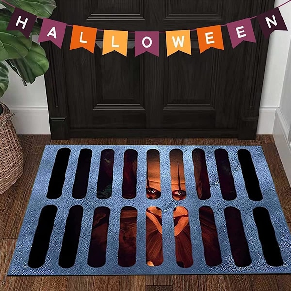 (B)2024 Halloween 3D Illusion Clown Dørmåtte Horror Clown Halloween Tæppe Dekorationer Indendørs og Udendørs