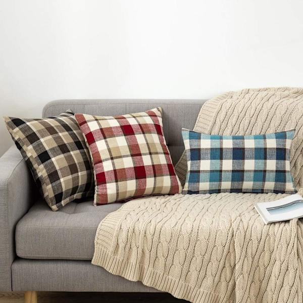 2-pack Dekorativa Kuddfodral Rutiga Rutor Tartan Linne Rustik Lanthus Stil Kvadratisk Kuddfodral för Höst