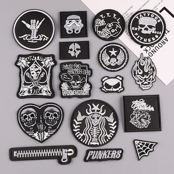 Broderte stryke-på-lapper, (Hodeskalle/Punk) 20 stk lappestickere, Vinta F