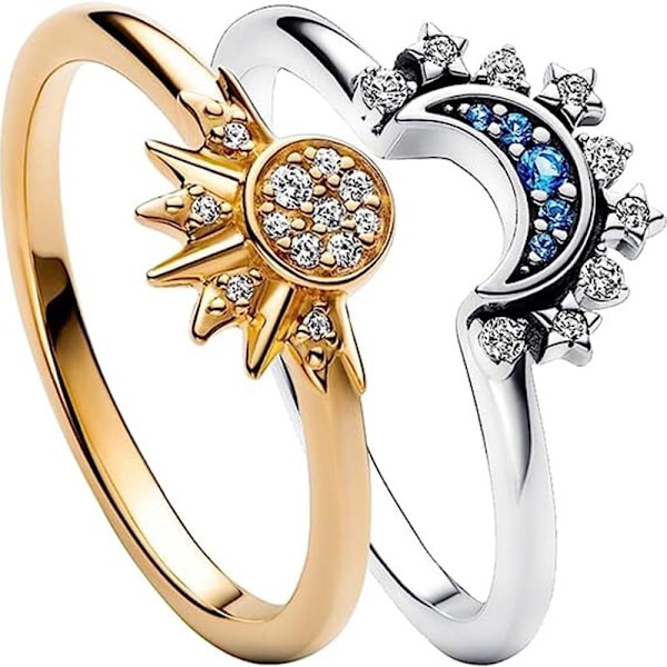 Sol og måne ring (guld), 2 stk. funklende sol og måne mønster ringe, guld/sølv ring, måne og sol form