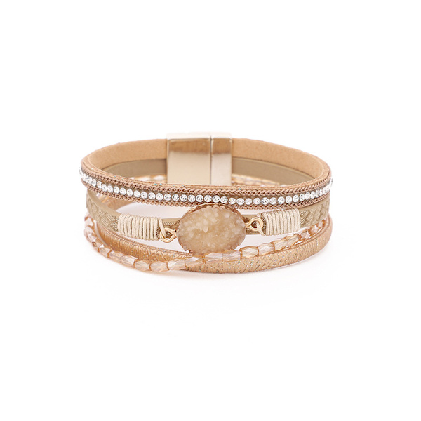 Læder Wrap Armbånd Boho Manschet Armbånd Krystal Perle Armbånd med Magnetisk Spænde til Kvinder (Guld) K