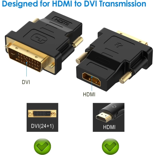 DVI til HDMI-adapter, 1080P Full HD, 2-pak, sort