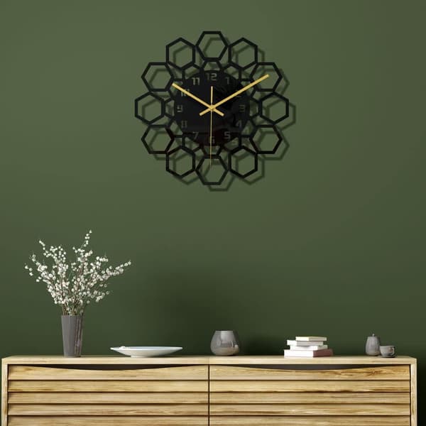 （hexagon）Svart rund ram väggklocka DIY Tyst modern design väggklockor lämplig för sovrum vardagsrum kontor konst D