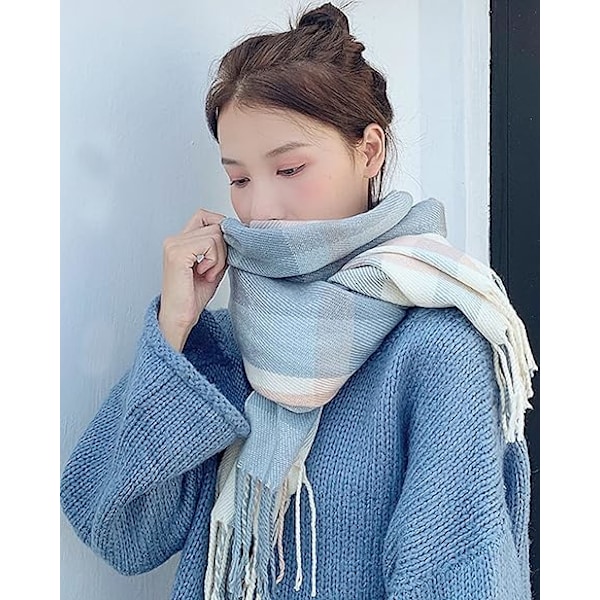Dames Mode Plaid Blød Sjal - Pulver Blå Vinter Kvinder Varmt Langt Sjal Retro Mønster Multifarvet Sjal