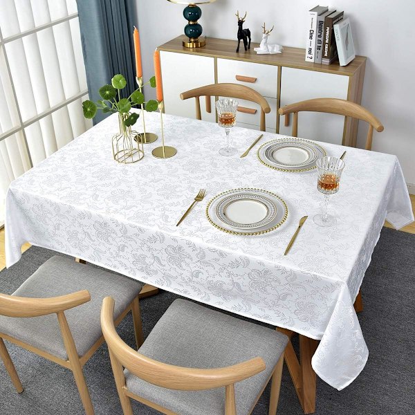 (Valkoinen, Suorakulmio/Pitkänomainen, 130 x 180 CM (4-6 Paikkaa)) Jacquard Pöytäliina Kukka Damask Pöytäliina Sp