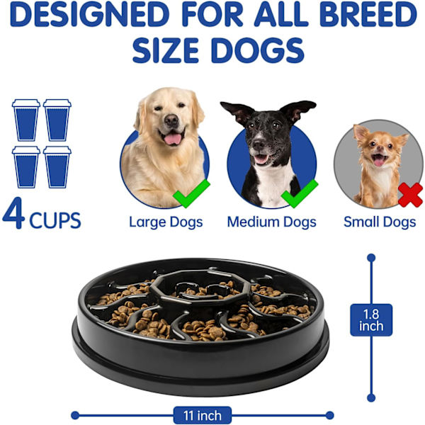 (Sort) Slow Feed Hundeskål til Mellemstore og Store Hunde, Skridsikker Hundeskål til Langsom Spisning,