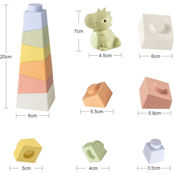 Dinosaurie Mjuka Stapelbara Torn Sensoriska Nappringar för Bebis för Stapelspel, Bebisleksak 1 År Gammal, Montessori Edu I