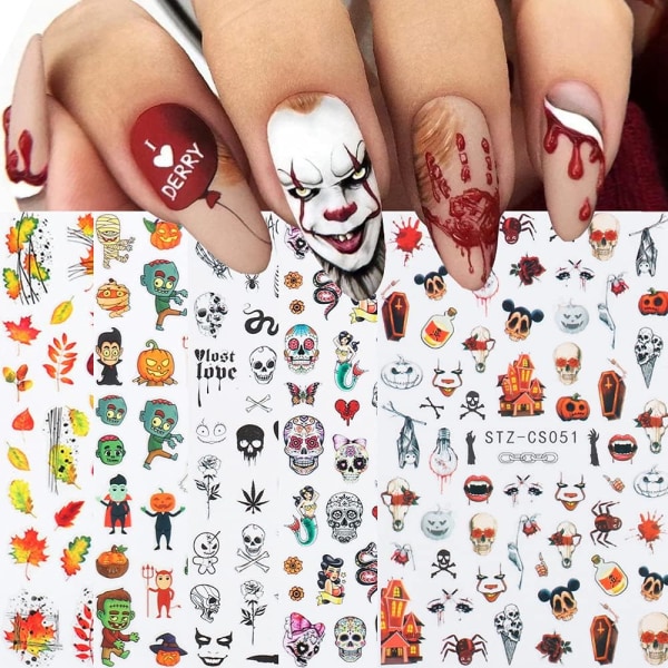 Autumn & Halloween Nail Stickers, 9 Sheets Skull Nail Decals 3D Self-Adhesi