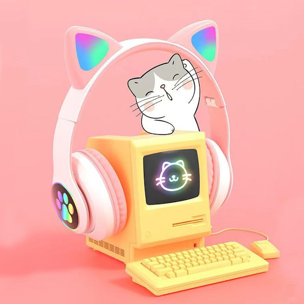 Bluetooth Headset, Børnekatteørehovedtelefoner, Foldbar, Med LED-lys, Pink F