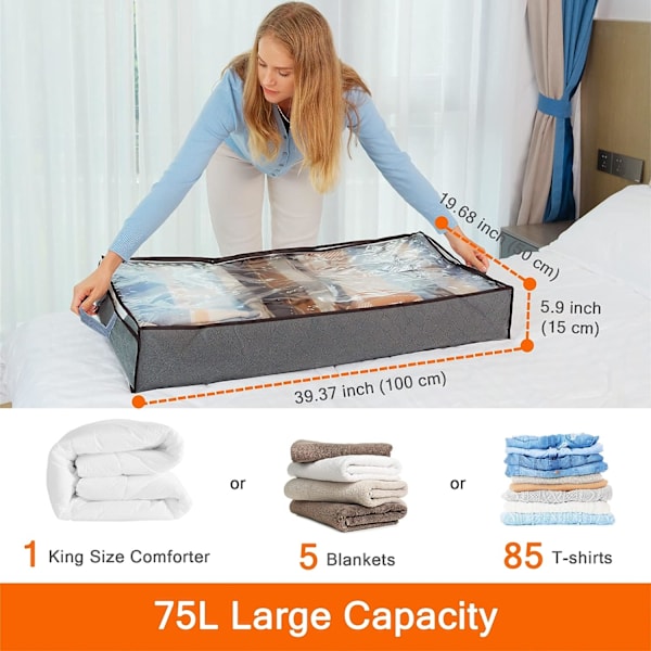 3 stk Underbed Oppbevaringsposer Foldbar Klespose 75L Stor Kapasitet Oppbevaringsbeholdere med Klar Vindu Forsterket Håndtak H