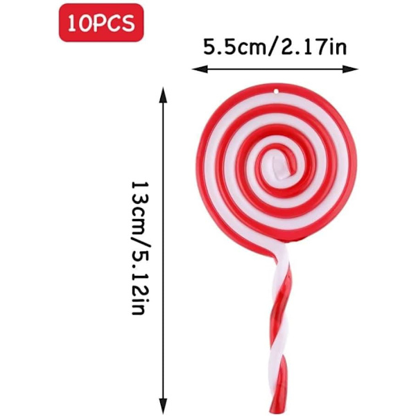 10 stk 13 cm Juletrærpynt i form av pepperkaker, juletrærpynt, rød og hvit lollipops, julepynt