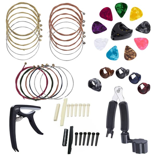 Gitartilbehørsett Inkluderer Akustisk Gitarstrenger, Tuner, Capo, 3-i-1