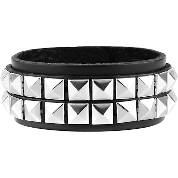 Unisex Sort Ægte Læder Sølv Pyramid Nitter Armbånd 80'erne G J