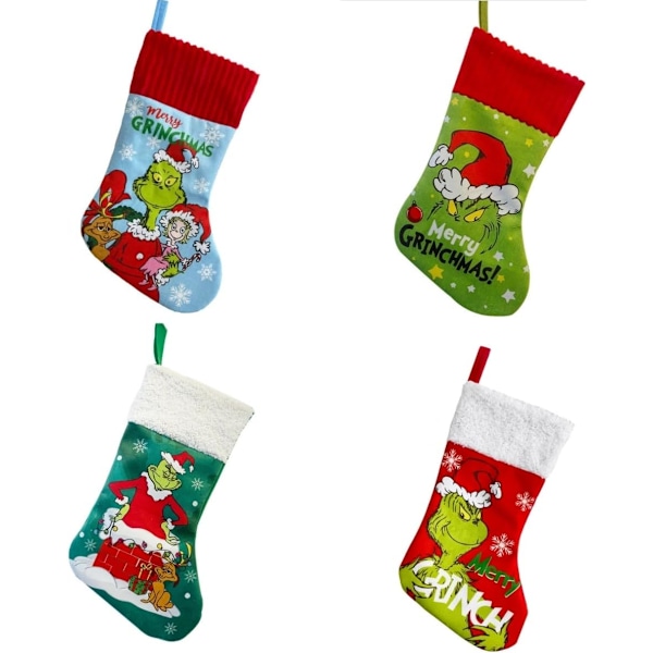 4-pack (35*20cm) Julstrumpor Grinchs Julgodispåse Presenter Strumpor Hängande Spisstrumpor Julgåva Strumpor för Ch