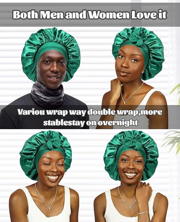 Satin Bonnet Silke Bonnet til Søvn Silke Nathætte Dobbelt Lag Hår Bonnet med Elastisk Bånd til (Dark Green+black)