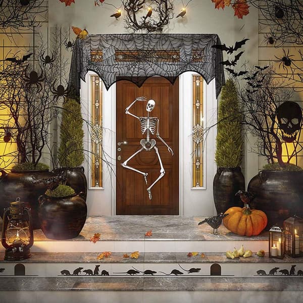 2 st 245 * 45CM Halloween-dekorationer, svart spets Halloween-eldstadssjal, spindelnäts eldstad