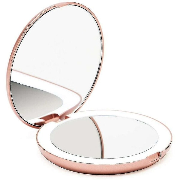 Belyst Lommespejl, 1x/10x Forstørrelse - Stort Makeup Håndspejl med Naturligt Lys, 9 cm Diameter
