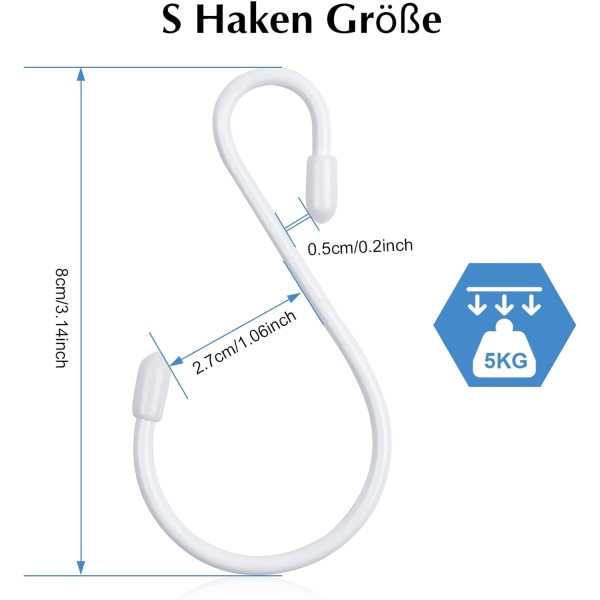 12 Pak S-Kroge Hvide 8cm Små Køkkenkroge Metal Kroge Max Belastning: 5 kg - S-formet - Til tøjstativ, køkken, badeværelse E